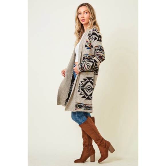 Taupe Multi Color Aztec Tribal Native Western Boho Open Cardigan Sweater - Picture 9 of 10